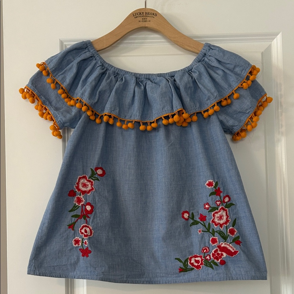 Crown & Ivy Peasant Blouse w Embroidery & Pompoms Kids Sz M w MEASUREMENTS